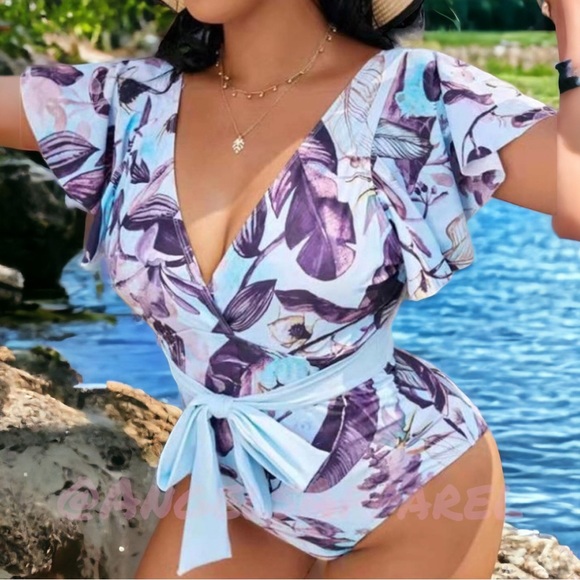 🐣Just In🆕"The Angelina"  Flutter Sleeve Deep V Swimsuit - Picture 6 of 6